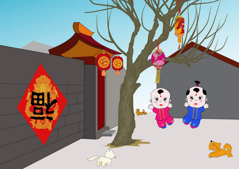 东方人,儿童,无人,两个人,伙伴,朋友,家,站,笑,微笑,露齿笑,横图,插画,室内,白天,正面,友谊,数码,科技,植物,道路,路,公路,宠物,狗,照明,春节,对联,亚洲,吊挂,悬挂,阴影,服装,节日,庆祝,艺术,网络,标志,灯笼,文字,纸灯笼,字符,手工艺品,房屋,墙,屋子,交通,高光,几何,计算机图形,挂,合成,图画,注视,休闲装,黄种人,文化,标识,楼房,墙壁,墙面,住宅,画,树,树木,一只,小孩,衣服,红色,蓝色,绿色,白色,蓝天,天空,自然,动物,工艺品,灯具,天,观察,看,站着,庆典,休闲,休闲服,汉字,可爱,服饰,生长,晴朗,成长,观看,纪念,照亮,电脑合成图,数码合成图,察看,高雅,合成图,照明设备,关注,中国文化,中文,漫画,忠诚,万里无云,写实,具体,具象,函数,自信心,品位,国文,华文,友情,男孩,男人,男性,女孩,女人,女性,亚洲人,晴空,晴空万里,马路,犬,站立,彩图,全身,房子,对子,楹联,男生,女生