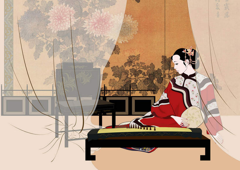 东方人,一个人,无人,坐,横图,插画,室内,白天,侧面,民族服装,数码,科技,家具,屏风,椅子,纺织品,亚洲,仅一个年轻女性,仅一个女性,仅一个人,一把,握,阴影,旗袍,盛开,网络,纹路,木制,扇子,纹理,蚊帐,乐器,织物,高光,几何,计算机图形,清凉,合成,花蕾,图画,注视,黄种人,凉爽,文化,画,花,花瓣,花朵,鲜花,红色,木制品,花苞,花蕊,观察,看,握着,观看,协调,打击乐器,电脑合成图,数码合成图,察看,遮挡,合成图,关注,中国文化,扬琴,分隔,漫画,肌理,洋琴,写实,具体,具象,阻隔,美化,隔绝,年轻女性,女人,女性,亚洲人,坐着,彩图,全身,传统服装,民俗服,打琴,宫扇,扇面琴,铜丝琴,纨扇,圆扇,传统文化