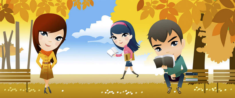 西方人,无人,四个人,伙伴,朋友,站,坐,横图,插画,室内,白天,正面,看书,阅读,友谊,数码,科技,秋季,植物,书籍,椅子,欧洲,欧洲人,学习,阴影,服装,装饰,网络,木椅,云,云朵,高光,几何,计算机图形,拿,合成,云彩,图画,拿着,休闲装,画,树,树木,衣服,蓝色,绿色,白云,蓝天,天空,自然,发箍,发饰,饰品,书本,天,看,站着,休闲,休闲服,读书,浏览,服饰,生长,晴朗,成长,头箍,电脑合成图,数码合成图,发卡,漫画,配饰,写实,具体,具象,友情,男人,男性,年轻男性,年轻女性,女人,女性,白种人,书,图书,晴空,秋,秋天,站立,坐着,彩图,全身,短发