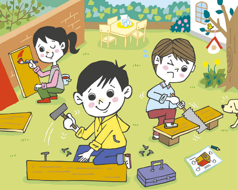 西方人,儿童,无人,三个人,伙伴,朋友,蹲,笑,微笑,横图,插画,室内,白天,正面,友谊,纯洁,合作,团队,数码,科技,草地,草坪,树林,植物,桌子,宠物,狗,鸟,欧洲,欧洲人,敲打,阴影,服装,网络,鸟类,锤子,钉子,工具,榔头,木板,办公桌,高光,几何,计算机图形,敲,合成,图画,休闲装,画,草,树,树木,小孩,衣服,绿色,自然,动物,粉刷,刷子,水杯,休闲,休闲服,工具箱,可爱,童年,童趣,战略,服饰,生长,成长,油漆,锯子,电脑合成图,数码合成图,五金,变形,紧固,矫正,锯,塑形,漫画,童真,烂漫,无邪,忠诚,写实,具体,具象,牢固,联合,合谋,配合,天真,协作,男孩,男人,男性,女孩,女人,女性,白种人,犬,蹲着,彩图,全身,男生,女生
