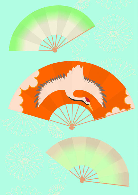 无人,竖图,插画,室内,白天,正面,数码,科技,日本,亚洲,绿色背景,阴影,网络,扇子,折扇,纸扇,三把,高光,几何,计算机图形,清凉,祝福,合成,图画,凉爽,文化,画,日式,电脑合成图,数码合成图,漫画,东亚,日本国,写实,具体,具象,长寿,撒扇,扇面,仙鹤,彩图,传统文化