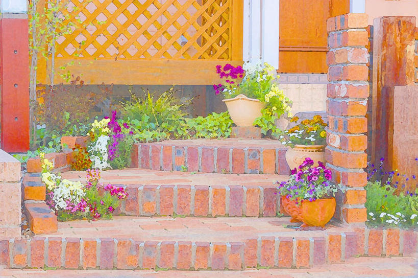 无人,横图,室内,白天,正面,绘画,数码,科技,植物,楼梯,门,阴影,艺术,光线,网络,盆栽,影子,阶梯,盆景,高光,几何,计算机图形,古典,合成,文化,台阶,绿色,阳光,自然,工艺品,门框,品味,生长,成长,美术,电脑合成图,数码合成图,水彩,水彩画,高雅,写实,具体,具象,美学,彩图