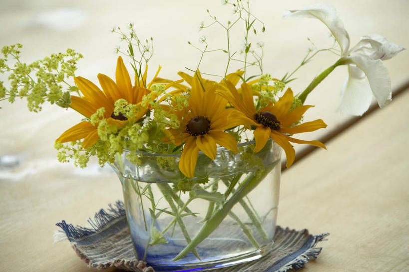 无人,横图,室内,特写,白天,正面,植物,餐桌,桌子,玻璃,朦胧,模糊,盛开,盆栽,盆景,花蕾,玻璃制品,花,花瓣,花朵,鲜花,黄色,绿色,白色,自然,花苞,花蕊,生长,成长,餐台,彩图