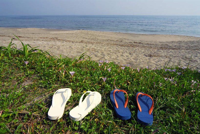 无人,横图,俯视,室外,白天,凉鞋,旅游,度假,草地,草坪,海浪,海洋,美景,沙滩,植物,鞋子,沙子,海岸,景观,浪花,水平线,云,云朵,辽阔,海平线,沙地,云彩,两双,娱乐,草,蓝色,绿色,白色,白云,蓝天,天空,自然,海水,天,享受,休闲,广阔,景色,放松,一望无际,自然风光,海景,无边无际,一马平川,大海,风浪,海,海水的波动,海滩,近岸浪,涌浪,彩图,高角度拍摄,夹趾拖鞋,人字拖,人字拖鞋,水天相接,水天一线