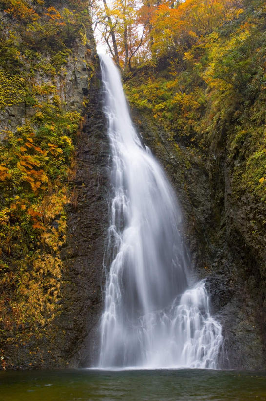 无人,竖图,室外,白天,正面,旅游,度假,美景,瀑布,秋季,水,植物,日本,亚洲,飞溅,湍急,溅,液体,景观,水滴,苔藓,娱乐,水珠,树,树木,绿色,自然,享受,休闲,景色,放松,生长,成长,喷洒,自然风光,东亚,本州,本州岛,日本国,青森,青森县,东北地方,跌水,秋,秋天,彩图