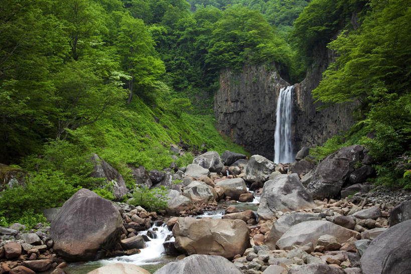 无人,横图,室外,白天,仰视,旅游,度假,河流,石头,美景,瀑布,树林,水,植物,日本,亚洲,许多,飞溅,溅,石子,液体,河水,景观,水滴,水流,娱乐,水珠,树,树木,绿色,小溪,自然,溪水,享受,休闲,景色,放松,生长,成长,喷洒,自然风光,东亚,本州,本州岛,日本国,中部地方,新潟,新潟县,跌水,石块,岩石,彩图,低角度拍摄