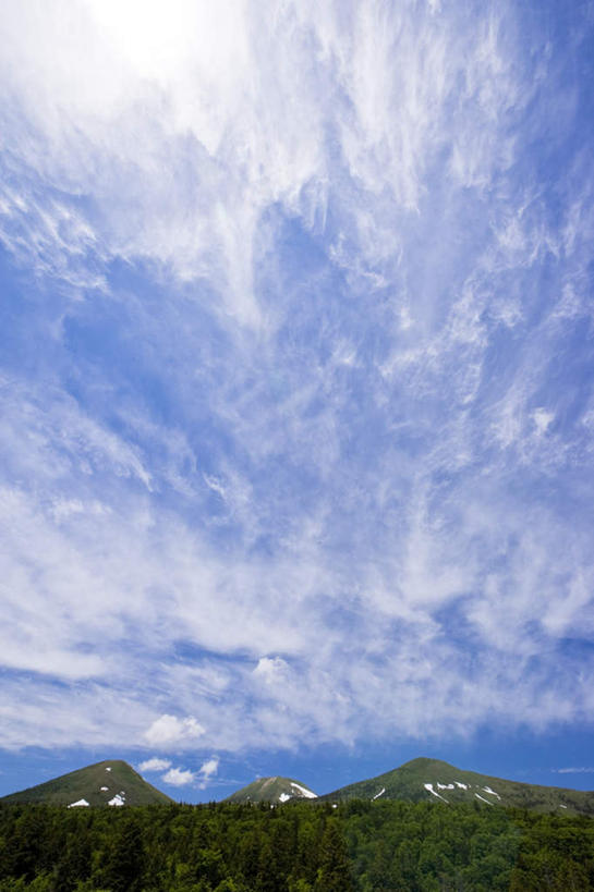 无人,竖图,室外,白天,仰视,旅游,度假,美景,森林,山,山脉,树林,植物,日本,亚洲,景观,山峰,云,云朵,山峦,云彩,娱乐,树,树木,蓝色,绿色,白云,蓝天,天空,自然,群山,天,享受,休闲,景色,放松,生长,晴朗,成长,自然风光,东亚,本州,本州岛,日本国,青森,青森县,东北地方,晴空,彩图,低角度拍摄