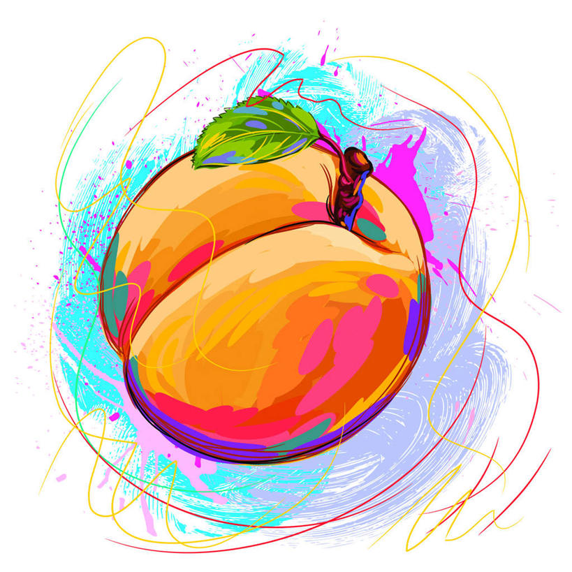 无人,竖图,插画,室内,白天,白色背景,正面,数码,科技,水果,阴影,新鲜,网络,生食,食品,果实,高光,几何,计算机图形,合成,图画,画,食物,一个,黄桃,有机食品,绿色食品,单个,电脑合成图,数码合成图,漫画,写实,具体,具象,彩图