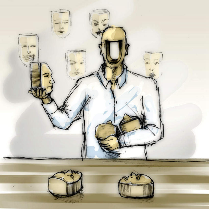 西方人,一个人,无人,站,举,竖图,插画,室内,白天,正面,数码,科技,餐桌,桌子,欧洲,欧洲人,仅一个男性,仅一个人,许多,握,阴影,网络,木制,面具,高光,几何,计算机图形,拿,合成,图画,拿着,画,仅一个年轻男性,木制品,托,站着,表情,握着,餐台,电脑合成图,数码合成图,漫画,写实,具体,具象,喜怒哀乐,男人,男性,年轻男性,白种人,举起,举手,举着,向上举,向上伸,向上托,站立,半身,彩图