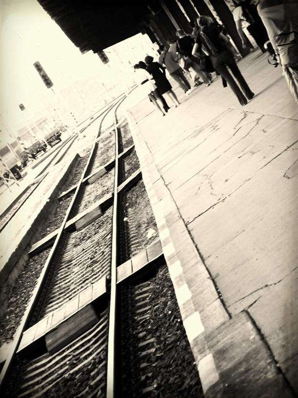 西方人,竖图,黑白,室外,白天,路,铁路,火车,车站,欧洲,欧洲人,阴影,光线,影子,轨道,站台,交通,铁轨,许多人,月台,车,背面,蓝色,蓝天,天空,阳光,交通工具,天,一群人,运输,晴朗,载具,万里无云,白种人,晴空,晴空万里,全身