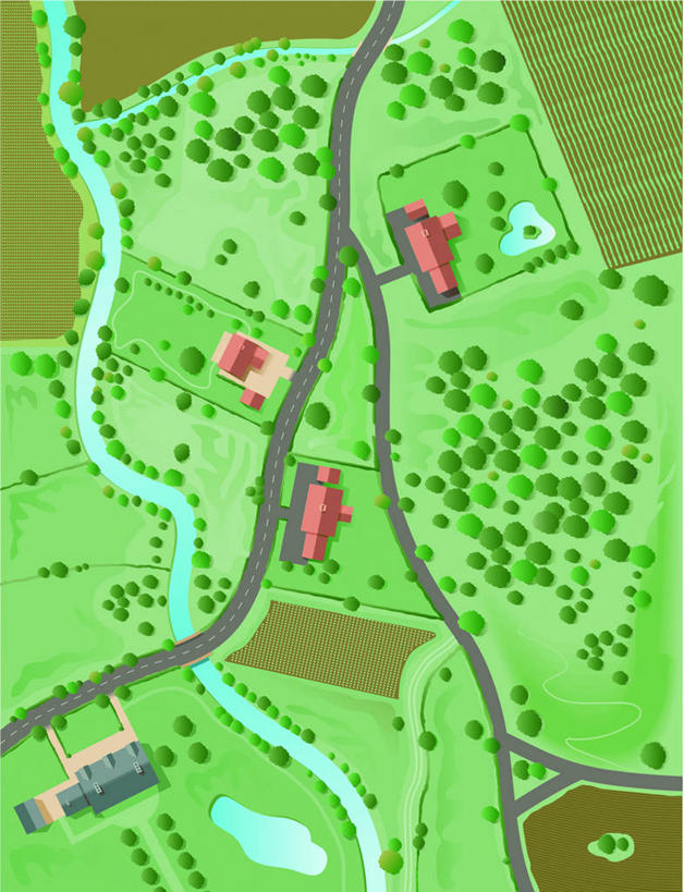 无人,家,农田,农场,竖图,俯视,航拍,插画,室内,白天,旅游,度假,畜牧业,牧场,庄稼,农作物,数码,科技,草地,草坪,河流,美景,水,植物,道路,路,阴影,网络,房屋,屋子,河水,景观,水流,小路,交通,高光,几何,计算机图形,合成,图画,娱乐,楼房,住宅,画,草,树,树木,绿色,自然,享受,休闲,景色,放松,乡间小路,生长,成长,电脑合成图,数码合成图,合成图,鸟瞰,自然风光,漫画,畜牧,写实,具体,具象,牧业,彩图,高角度拍摄,耕地,庄稼田,房子