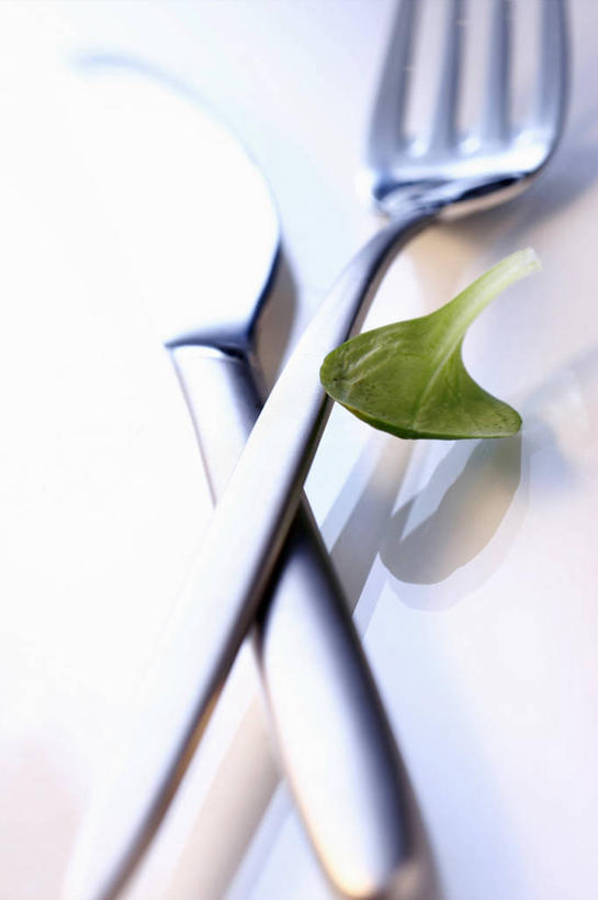 无人,竖图,俯视,室内,特写,白天,白色背景,餐桌,桌子,蔬菜,餐具,叶子,阴影,新鲜,反射,叉子,刀叉,刀子,影子,食品,绿叶,食物,一个,嫩叶,摄影,有机食品,绿色食品,影棚,单个,餐台,餐刀,餐叉,叶,叶片,进餐用具,彩图,高角度拍摄,影棚拍摄,拍摄