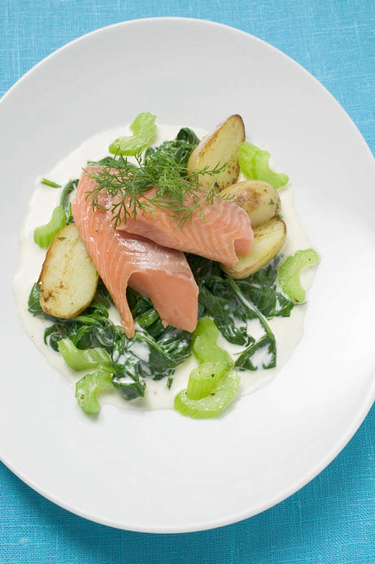 无人,竖图,俯视,室内,特写,白天,烹饪,西餐,餐桌,桌子,鳟鱼,菠菜,芹菜,蔬菜,土豆,餐具,阴影,蓝色背景,新鲜,反射,碟子,盘,影子,肉,鱼肉,料理,食品,菜肴,美食,肉类,食物,一个,白色,盘子,碟,西式,摄影,佳肴,有机食品,绿色食品,影棚,单个,餐台,肉食,馍馍蛋,鮅,赤眼鱼,红目鳟,红眼棒,野草鱼,鹦鹉菜,药芹,洋芋,水芹,鼠根菜,山药蛋,马铃薯,角菜,红嘴绿鹦哥,旱芹,赤根菜,菠薐菜,波斯草,彩图,高角度拍摄,影棚拍摄,拍摄