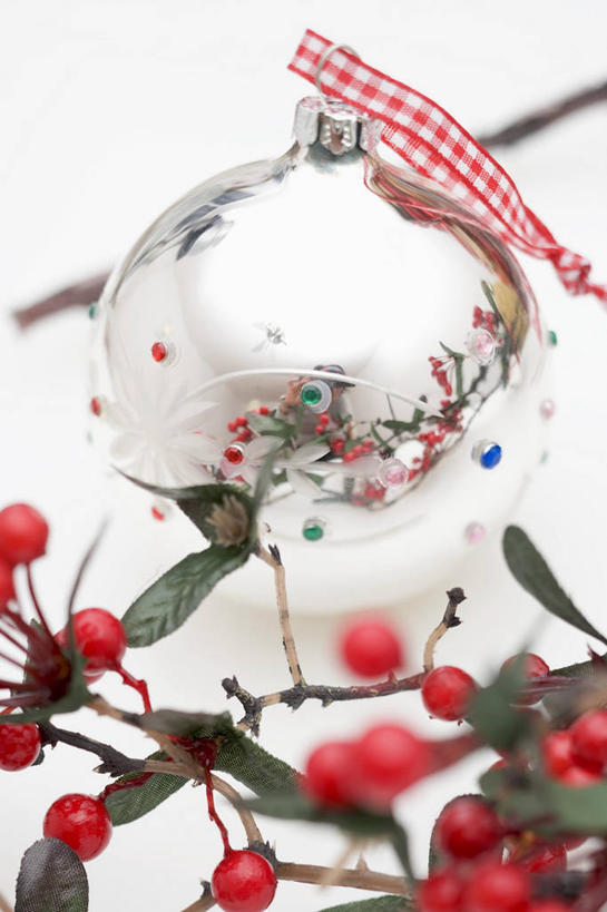 无人,竖图,俯视,室内,特写,白天,餐桌,桌子,浆果,叶子,阴影,装饰,反射,挂饰,丝绸,丝带,影子,绿叶,缎带,圣诞球,绸带,球,一个,红色,球体,嫩叶,单个,餐台,华丽,修饰,点缀,衬托,美观,雅致,雅观,叶,叶片,彩图,高角度拍摄