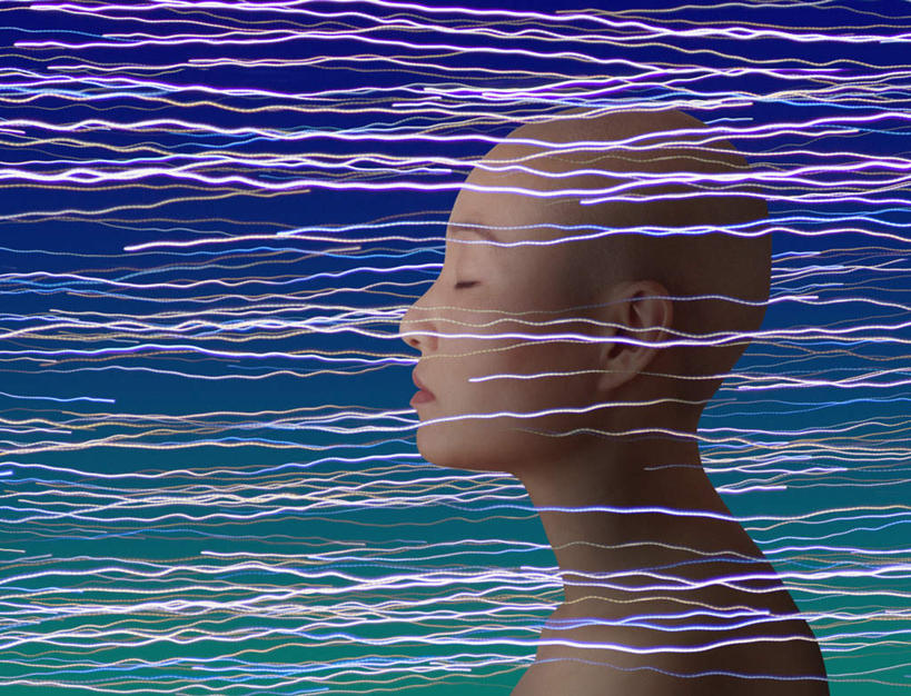 东方人,一个人,站,横图,彩色,插画,室内,特写,白天,侧面,数码,科技,亚洲,仅一个年轻女性,仅一个女性,仅一个人,阴影,波纹,条纹,网络,高光,几何,计算机图形,合成,图画,黄种人,霓虹,裸露,画,波浪,站着,思考,冥想,电脑合成图,数码合成图,裸,漫画,写实,具体,具象,年轻女性,女人,女性,亚洲人,光头,半身,彩图