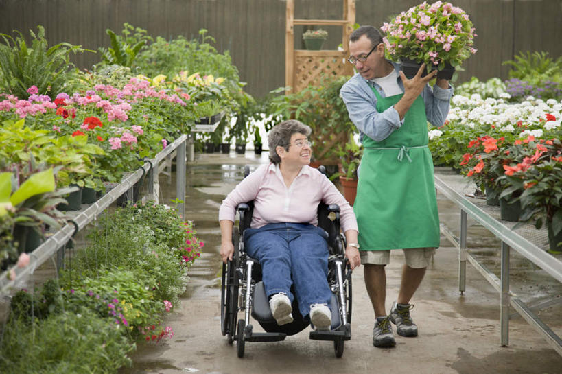 冲浪,西方人,两个人,病人,花商,花店,商店,坐,走,笑,搬运,微笑,露齿笑,室内,白天,正面,植物,叶子,欧洲,欧洲人,一副,服装,盛开,工具,盆栽,围裙,纹理,眼镜,绿叶,盆景,花蕾,温室,注视,休闲装,商铺,顾客,花,花瓣,花朵,鲜花,衣服,绿色,自然,轮椅,花苞,花蕊,低头,复健,观察,看,休闲,康复,休闲服,器械,嫩叶,服饰,设施,生长,成长,观看,察看,医疗设备,暖房,防寒,关注,加温,病患,医疗器械,透光,残疾,残疾人,医疗工具,近视眼镜,保温,伤残,肌理,辅助设备,残障,弱势群体,垂头,市肆,商号,主顾,男人,男性,女人,女性,中年男性,中年女性,白种人,花店老板,花贩,患者,就医者,卖花人,叶,叶片,叶脉,搬,步行,散步,走路,坐着,彩图,全身,店铺