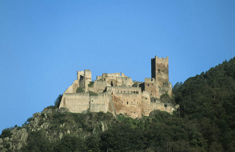 无人,横图,室外,白天,仰视,旅游,度假,名胜古迹,森林,山,山脉,树林,植物,标志建筑,地标,建筑,法国,欧洲,遗迹,堡垒,城堡,山峰,山峦,古迹,文物,娱乐,建设,古建筑,树,树木,蓝色,绿色,蓝天,天空,自然,群山,天,享受,休闲,旅游胜地,放松,生长,晴朗,成长,阿尔萨斯,要塞,古文明,万里无云,法兰西共和国,法兰西第五共和国,阿尔萨斯大区,设防,晴空,晴空万里,彩图,低角度拍摄