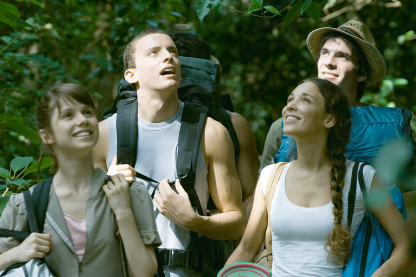 西方人,四个人,伙伴,朋友,站,笑,微笑,露齿笑,横图,室外,白天,正面,旅游,度假,友谊,树林,植物,帽子,欧洲,欧洲人,服装,朦胧,模糊,包,旅行包,注视,休闲装,娱乐,树,树木,衣服,绿色,自然,背包,遮阳帽,看,站着,享受,休闲,休闲服,放松,服饰,生长,成长,关注,睡袋,友情,男人,男性,年轻男性,年轻女性,女人,女性,白种人,抬头,仰头,站立,半身,彩图,双肩包