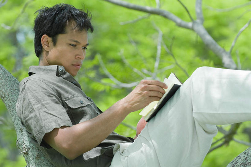 西方人,一个人,坐,捧,笑,微笑,横图,室外,白天,仰视,阅读,草地,草坪,植物,欧洲,欧洲人,仅一个男性,仅一个人,仅一个中年男性,学习,阴影,朦胧,模糊,光线,影子,休闲装,草,树,树木,绿色,阳光,自然,低头,看,休闲,休闲服,浏览,生长,成长,男人,男性,中年男性,白种人,端,端着,捧着,手捧,坐着,半身,彩图,低角度拍摄