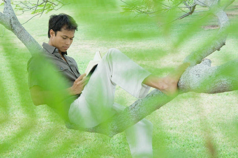 西方人,一个人,坐,捧,笑,微笑,露齿笑,横图,俯视,室外,白天,阅读,草地,草坪,植物,欧洲,欧洲人,仅一个人,学习,阴影,朦胧,模糊,光线,影子,休闲装,光脚,草,树,树木,绿色,阳光,自然,低头,看,休闲,赤脚,休闲服,浏览,生长,成长,垂头,白种人,端,端着,捧着,手捧,坐着,彩图,高角度拍摄,全身