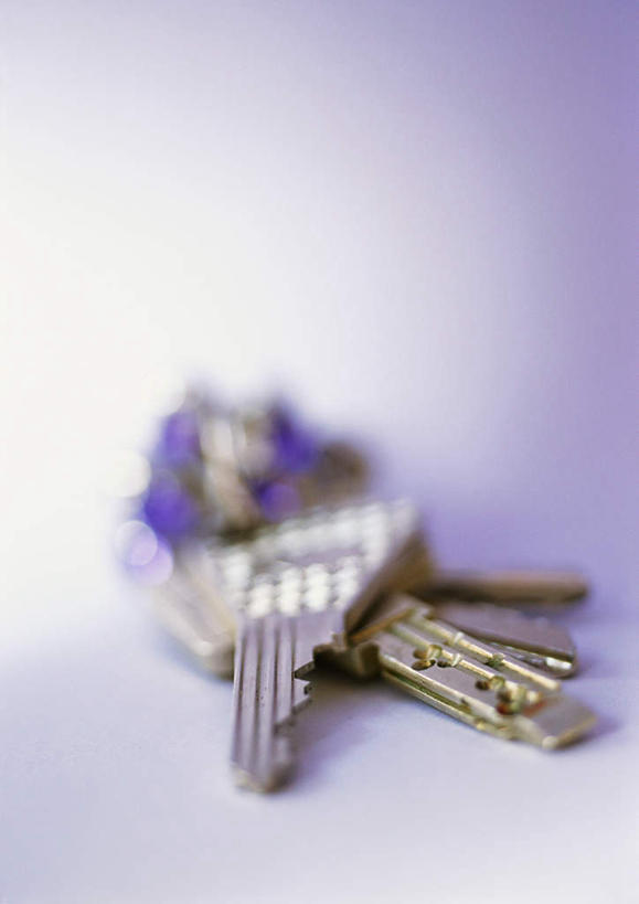 无人,竖图,俯视,室内,特写,白天,安全,静物,一串,蓝色背景,紫色背景,朦胧,模糊,防护,钥匙,摄影,影棚,保护,开启,封闭,保险,私密,保全,周全,安稳,安定,防盗,平安,彩图,高角度拍摄,影棚拍摄,拍摄