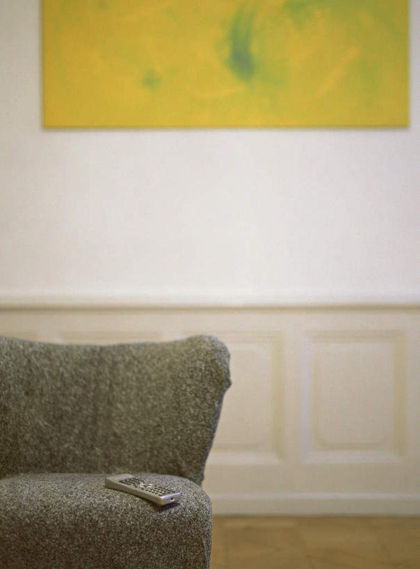 无人,客厅,竖图,室内,白天,正面,地板,沙发,静物,一排,许多,花纹,整齐,方格,墙,地面,图画,木地板,壁画,墙壁,墙面,排列,两个,一个,黄色,绿色,灰色,按钮,遥控器,单个,起居室,队列,布艺沙发,彩图