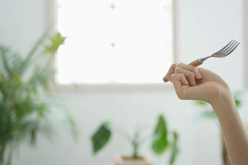 东方人,一个人,坐,横图,室内,白天,侧面,植物,餐具,亚洲,仅一个年轻女性,仅一个女性,仅一个人,服装,叉子,盆栽,盆景,拿,拿着,注视,休闲装,黄种人,衣服,绿色,自然,观察,看,休闲,休闲服,服饰,生长,成长,观看,察看,关注,餐叉,年轻女性,女人,女性,亚洲人,进餐用具,坐着,半身,彩图