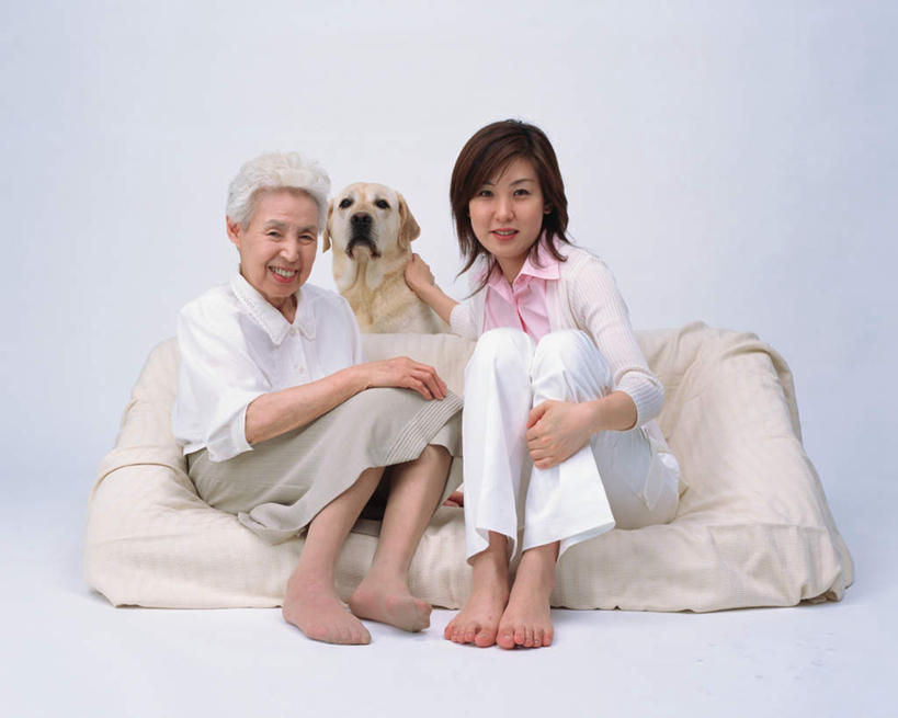 东方人,两个人,坐,笑,微笑,露齿笑,横图,室内,白天,白色背景,正面,宠物,狗,亚洲,服装,注视,休闲装,黄种人,一只,衣服,动物,垫子,观察,看,休闲,休闲服,可爱,摄影,服饰,影棚,观看,察看,关注,忠诚,年轻女性,女人,女性,亚洲人,犬,坐着,彩图,全身,影棚拍摄,拍摄