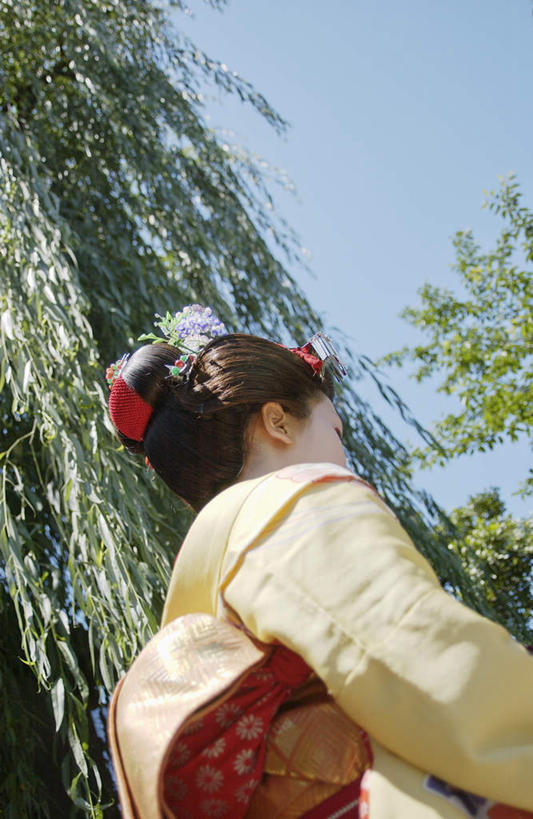 东方人,一个人,站,竖图,室外,白天,仰视,民族服装,植物,亚洲,仅一个年轻女性,仅一个女性,仅一个人,和服,装饰,头饰,注视,黄种人,树,树木,蓝色,绿色,蓝天,天空,自然,天,观察,看,站着,服饰,生长,成长,观看,华丽,修饰,点缀,察看,关注,发髻,吴服,唐草,唐花,唐锦,衬托,美观,雅致,雅观,年轻女性,女人,女性,亚洲人,站立,半身,彩图,低角度拍摄,传统服装,民俗服