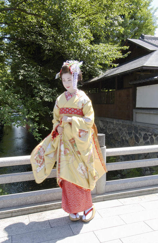 东方人,一个人,栏杆,站,竖图,室外,白天,正面,民族服装,植物,亚洲,仅一个年轻女性,仅一个女性,仅一个人,阴影,和服,装饰,光线,头饰,影子,围栏,注视,黄种人,护栏,树,树木,绿色,阳光,自然,观察,看,站着,服饰,生长,成长,观看,华丽,修饰,点缀,察看,关注,艺妓,吴服,唐草,唐花,唐锦,衬托,美观,雅致,雅观,年轻女性,女人,女性,亚洲人,彩图,全身,传统服装,民俗服