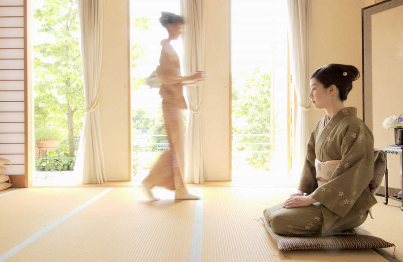 东方人,两个人,伙伴,朋友,站,坐,笑,微笑,横图,室内,白天,侧面,民族服装,友谊,植物,亚洲,和服,注视,黄种人,树,树木,绿色,自然,垫子,观察,看,站着,服饰,生长,成长,观看,察看,关注,吴服,唐草,唐花,唐锦,友情,年轻女性,女人,女性,亚洲人,站立,坐着,彩图,全身,传统服装,民俗服