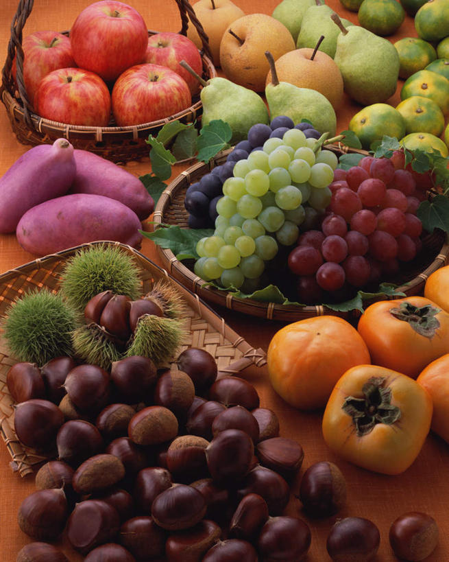 无人,竖图,俯视,室内,特写,白天,苹果,梨,葡萄,柿子,红薯,蔬菜,水果,许多,橙色背景,新鲜,栗子,生食,食品,果实,很多,食物,香梨,摄影,有机食品,绿色食品,影棚,生梨,山葫芦,蒲桃,草龙珠,山芋,甘薯,番薯,地瓜,彩图,高角度拍摄,影棚拍摄,拍摄