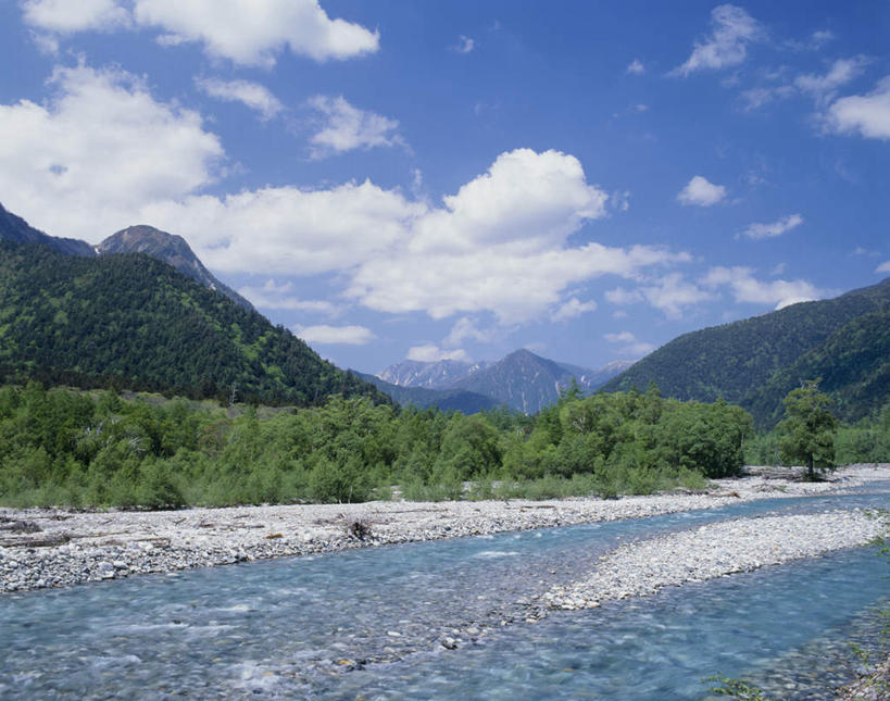 无人,横图,室外,白天,正面,旅游,度假,河流,美景,森林,山,山脉,树林,水,植物,长野县,日本,亚洲,河水,景观,山峰,水流,云,云朵,山峦,云彩,娱乐,树,树木,蓝色,绿色,白云,蓝天,天空,小溪,自然,群山,天,溪水,享受,休闲,景色,放松,生长,成长,自然风光,东亚,本州,本州岛,日本国,中部地方,长野,松本市,松本城,彩图