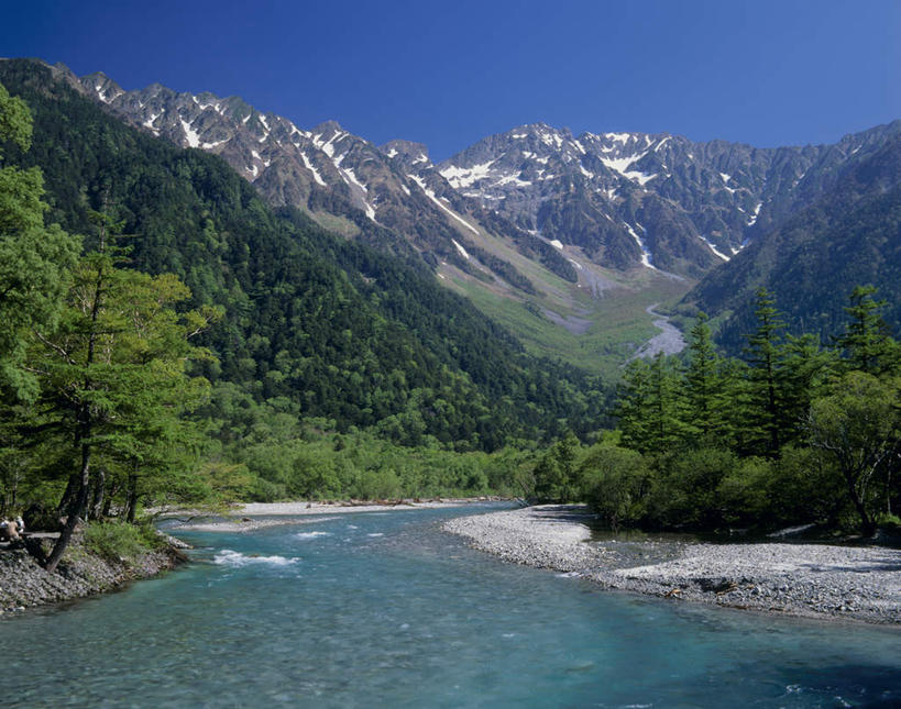 无人,横图,室外,白天,正面,旅游,度假,河流,美景,森林,山,树林,水,植物,长野县,日本,亚洲,河水,景观,山峰,水流,山峦,娱乐,树,树木,蓝色,绿色,蓝天,天空,自然,天,享受,休闲,景色,放松,生长,晴朗,成长,自然风光,东亚,本州,万里无云,本州岛,日本国,中部地方,长野,上高地,晴空,晴空万里,彩图