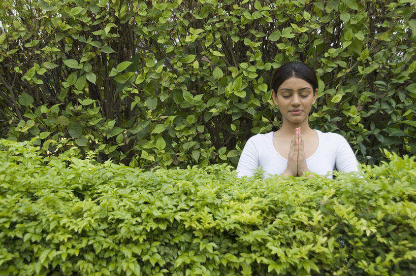 一个人,站,闭眼,横图,室外,白天,正面,植物,亚洲,仅一个年轻女性,仅一个女性,仅一个人,服装,环保,防护,祝福,休闲装,树,树木,虔诚,衣服,绿色,自然,祈祷,双手合十,站着,休闲,休闲服,服饰,生长,成长,美好,美妙,感谢,间隔,合掌,合十礼,合掌礼,合十,莲华合掌,感恩,美观,雅观,绿篱,生篱,树篱,植篱,年轻女性,女人,女性,亚洲人,印度人,闭眼睛,闭着眼,闭着眼睛,站立,半身,彩图