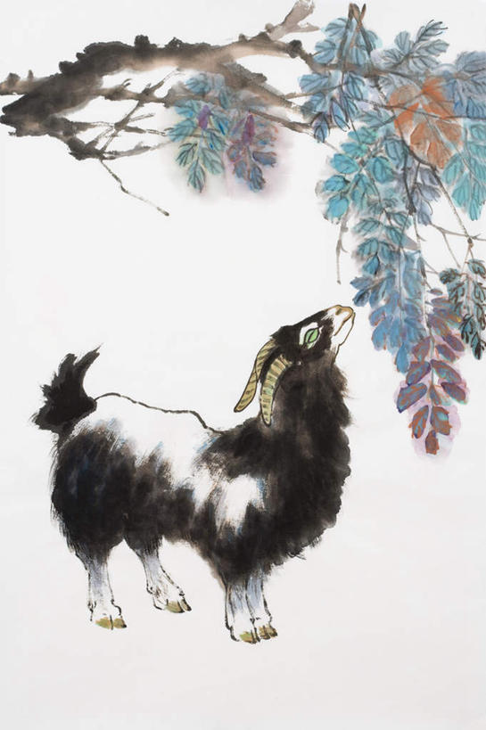 无人,站,竖图,室内,白天,白色背景,侧面,绘画,植物,野生动物,羊,叶子,艺术,绿叶,枝条,古典,注视,文化,树,树木,树枝,一只,绿色,自然,动物,工艺品,观察,看,品味,站着,嫩叶,可爱,活泼,生长,成长,观看,美术,察看,高雅,关注,国画,水墨画,美学,水墨,虬枝,枝杈,叶,叶片,山羊,抬头,仰头,站立,彩图,全身
