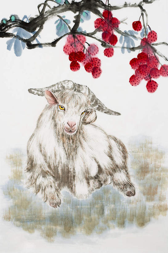 无人,坐,竖图,室内,白天,正面,绘画,植物,野生动物,羊,荔枝,水果,叶子,新鲜,艺术,生食,食品,果实,绿叶,枝条,古典,注视,文化,树,树木,树枝,食物,一只,红色,白色,动物,工艺品,观察,看,品味,嫩叶,可爱,活泼,有机食品,绿色食品,观看,美术,察看,高雅,关注,国画,水墨画,美学,水墨,虬枝,枝杈,叶,叶片,山羊,离枝,坐着,彩图,全身