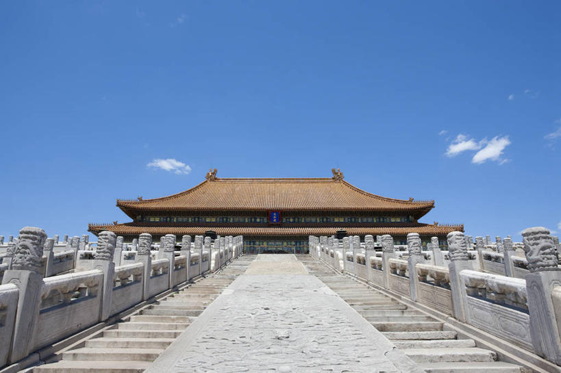 无人,故宫,宫殿,横图,室外,白天,留白,度假,建筑,北京,中国,亚洲,对称,云,首都,古典,宏伟,历史,传统,城墙,台阶,蓝色,风景,地标建筑,摄影,城楼,宁静,风格,都市风光,中国文化,东亚,万里无云,彩图,旅行,传统文化,过去