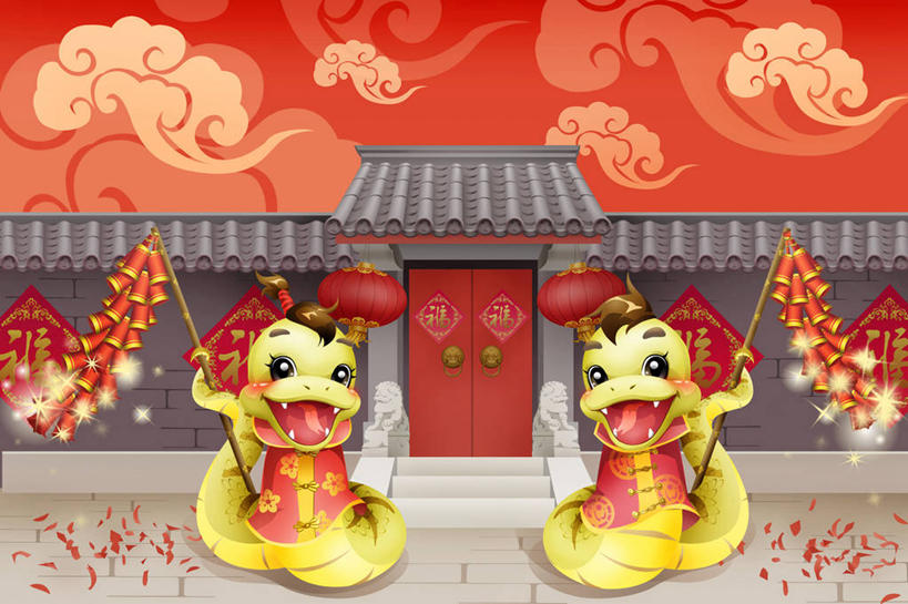 无人,横图,插画,留白,正面,幸福,数码,科技,门,狮子,中国,春节,亚洲,阴影,红色背景,节日,欢呼,庆祝,并排,网络,蛇,灯笼,庭院,缎带,高光,几何,计算机图形,合成,图画,传统,十二生肖,画,祥云,焰火,福字,卡通,摄影,协调,电脑合成图,数码合成图,合成图,中国文化,漫画,东亚,写实,具体,具象,爆竹,彩图,欢乐,唐装,传统文化