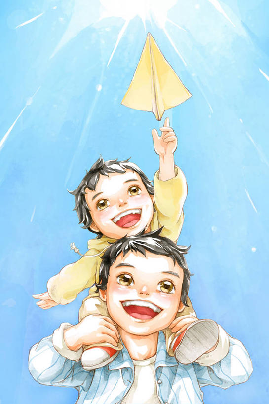 东方人,儿童,两个人,家庭,父亲,儿子,笑,微笑,露齿笑,竖图,插画,仰视,快乐,数码,科技,玩具,日光,阴影,网络,高光,几何,计算机图形,合成,图画,休闲装,飞,画,蓝色,天空,社区,春天,扛,温暖,温馨,父子,一家人,童年,纸飞机,电脑合成图,数码合成图,和睦,享乐,愉悦,合成图,梦想,漫画,渴望,万里无云,写实,具体,具象,骑在肩上,亚洲人,中国人,彩图,低角度拍摄,爱,欢乐,融洽,苦尽甘来