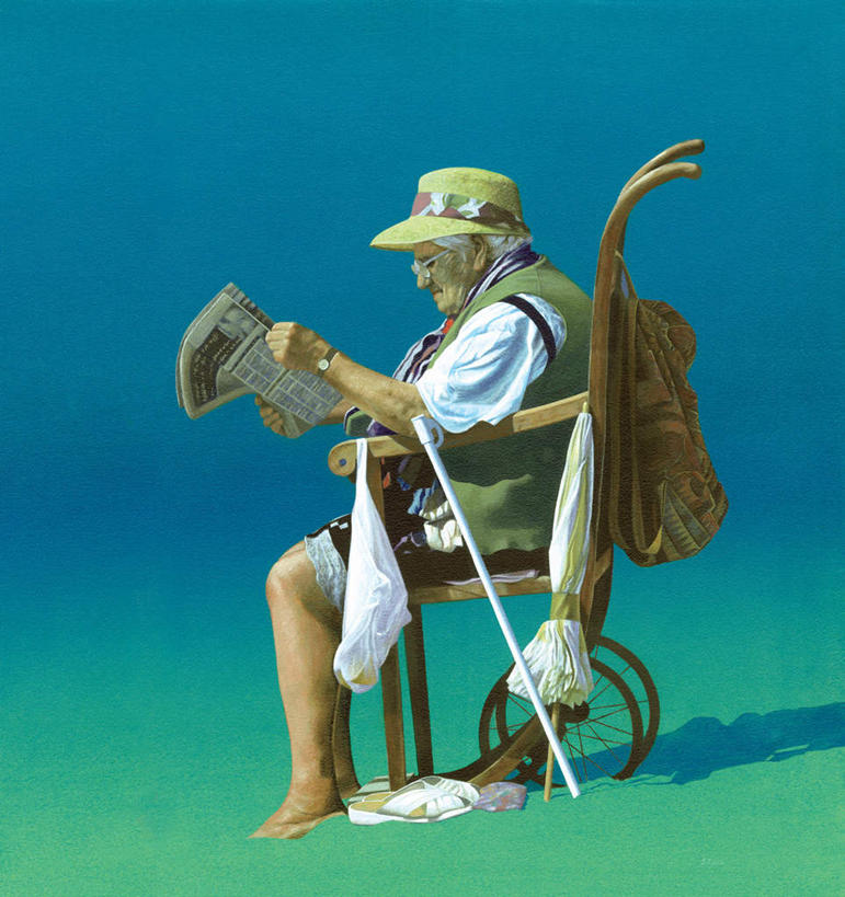 西方人,一个人,无人,坐,竖图,室内,白天,侧面,绘画,沙滩,报纸,帽子,油画,欧洲,欧洲人,仅一个男性,仅一个人,握,阴影,服装,艺术,光线,信息,工具,沙子,眼镜,影子,海岸,沙地,古典,拿,拿着,注视,休闲装,文化,运动帽,衣服,阳光,轮椅,工艺品,复健,观察,看,品味,仅一个老年男性,休闲,康复,休闲服,器械,鸭舌帽,握着,服饰,拐杖,观看,老花镜,新闻,美术,察看,医疗设备,高雅,关注,医疗器械,医疗工具,美学,辅助设备,前臂拐,远视眼镜,老年男性,男人,男性,白种人,海滩,坐着,彩图,全身,报刊