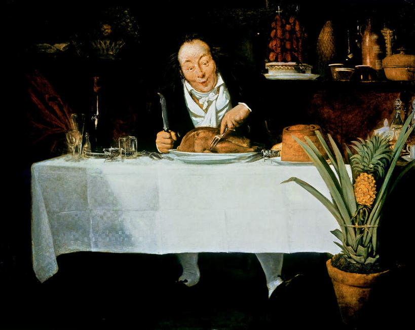 红酒,葡萄酒,西方人,一个人,无人,坐,吃,横图,室内,白天,背景,正面,烹饪,绘画,西餐,植物,餐桌,桌子,菠萝,杯子,餐具,水果,油画,欧洲,欧洲人,仅一个男性,仅一个人,仅一个中年男性,握,服装,新鲜,艺术,布料,叉子,刀叉,刀子,碟子,盘,盆栽,鸡肉,肉,生食,料理,食品,果实,盆景,酒类,古典,拿,布纹,拿着,注视,休闲装,文化,菜肴,美食,肉类,玻璃制品,酒,桌布,食物,饮料,衣服,绿色,黑色,自然,盘子,餐巾,水杯,工艺品,碟,台布,观察,看,品味,休闲,休闲服,红葡萄酒,西式,握着,服饰,佳肴,有机食品,绿色食品,生长,成长,餐台,观看,美术,察看,高雅,关注,餐刀,肉食,餐叉,美学,配景,男人,男性,中年男性,白种人,玻璃杯,进餐用具,凤梨,嚼,食,坐着,布景,彩图,全身