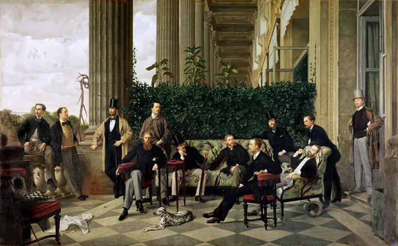 西方人,无人,伙伴,朋友,家,露台,站,坐,横图,室内,白天,正面,绘画,友谊,合作,团队,别墅,沙发,阳台,宠物,狗,帽子,椅子,油画,欧洲,欧洲人,阴影,服装,艺术,光线,影子,房屋,木椅,屋子,云,云朵,公寓,许多人,古典,云彩,注视,休闲装,礼帽,文化,手叉腰,洋房,楼房,住宅,衣服,蓝色,白云,蓝天,天空,阳光,动物,工艺品,天,叉腰,观察,看,品味,站着,一群人,休闲,休闲服,可爱,战略,服饰,晴朗,观看,美术,察看,高雅,双手叉腰,关注,布艺沙发,忠诚,美学,联合,合谋,配合,协作,男人,男性,中年男性,白种人,晴空,犬,站立,坐着,彩图,全身,房子,露天阳台