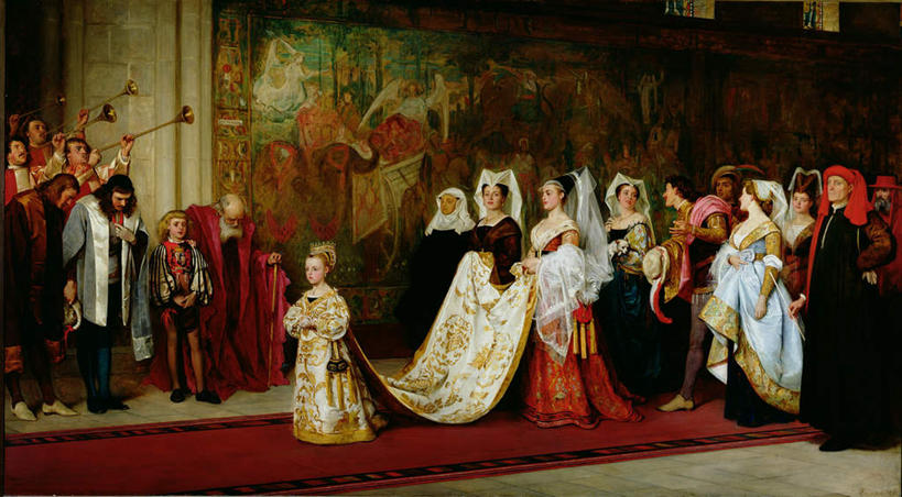 西方人,儿童,一个人,无人,伙伴,朋友,站,横图,室内,白天,正面,民族服装,绘画,友谊,纯洁,地毯,皇冠,油画,欧洲,欧洲人,仅一个女性,仅一个人,握,艺术,装饰,编织,手工艺品,墙,长号,乐器,铜管乐器,织物,许多人,古典,注视,文化,墙壁,墙面,小孩,工艺品,观察,看,品味,站着,仅一个小孩,一群人,可爱,童年,童趣,握着,观看,华丽,修饰,美术,点缀,权威,察看,高雅,高贵,关注,铜管,童真,烂漫,无邪,美学,衬托,美观,雅致,雅观,一顶,权力,统治,天真,友情,男人,男性,女孩,女人,女性,中年男性,中年女性,白种人,孩子,王冠,站立,半身,彩图,传统服装,民俗服,女生