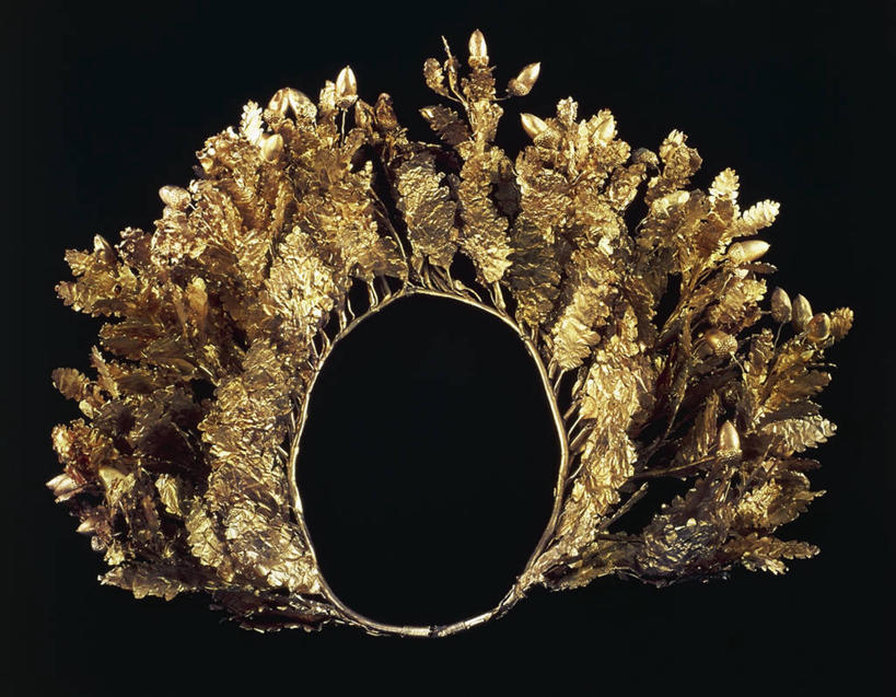 无人,横图,珠宝,黑色背景,金属,黄金,古代,一个,摄影,单个,橡树果,古希腊,古代文明,橡树叶,美术工艺,彩图,影棚拍摄