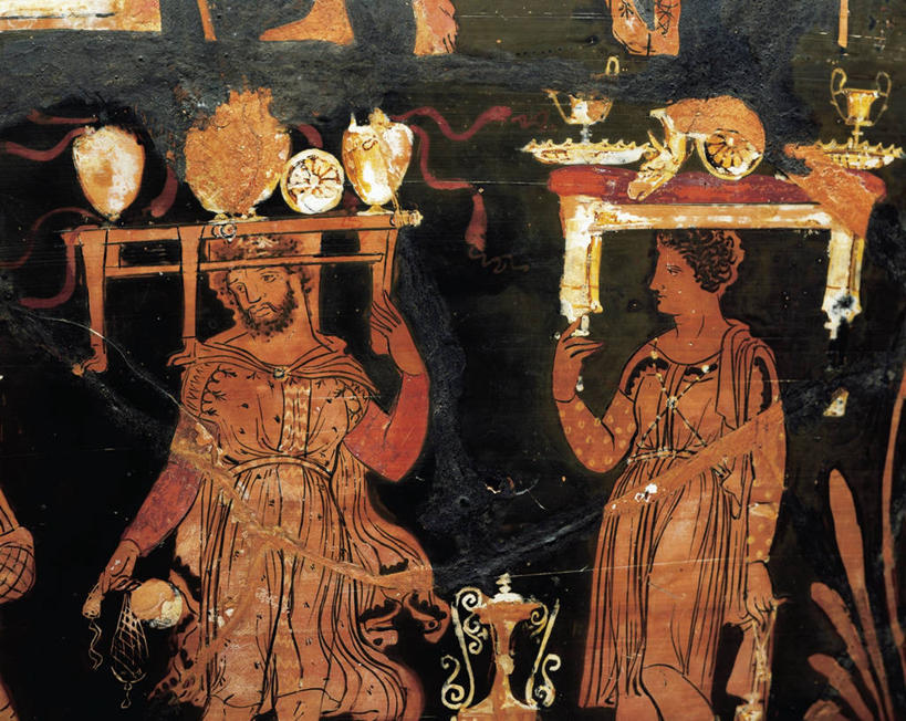 成年人,一个人,两个人,站,横图,室内,民族服装,桌子,仅一个男性,仅一个人,陶瓷制品,拿着,仅一个年轻男性,陶器,服务,头顶,摄影,手艺,古希腊,古代文明,美术工艺,男人,男性,年轻男性,年轻人,彩图,传统服装,民俗服