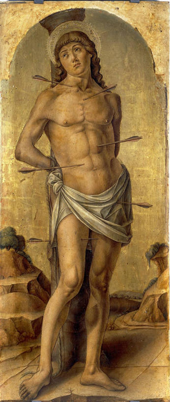 成年人,一个人,竖图,全景,室外,白天,绘画,光晕,仅一个男性,仅一个人,艺术,长袍,拱门,古典,文艺复兴,文化,仅一个年轻男性,箭,绳子,工艺品,品味,赤脚,摄影,宗教,美术,伤口,高雅,基督教,痛苦,肖像,美学,受害者,圣塞巴斯蒂安,男人,男性,年轻男性,年轻人,长发,卷发,彩图