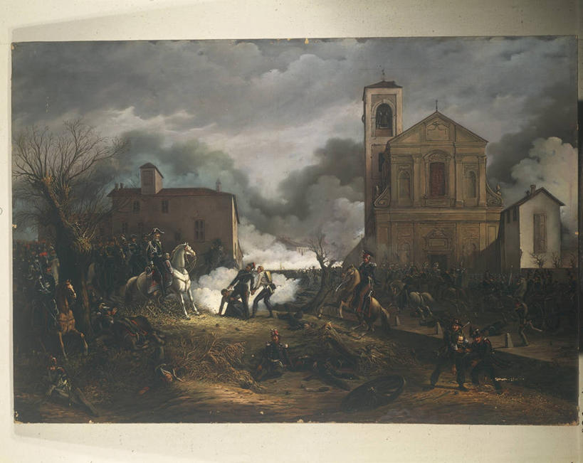 教堂,横图,室外,夜晚,绘画,马,意大利,艺术,军事,云,许多人,古典,历史,文化,工艺品,品味,一群人,独立,烟,摄影,美术,高雅,美学,战役,诺瓦拉,彩图