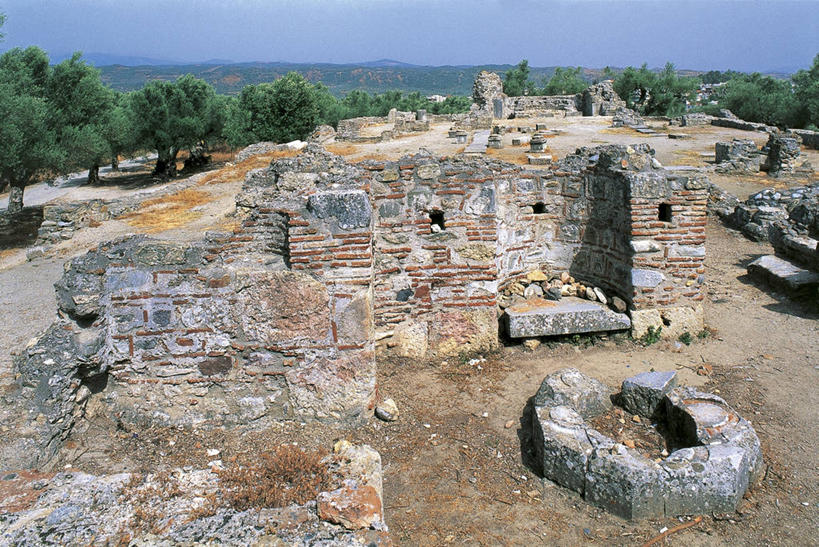 无人,横图,俯视,室外,白天,山,建筑,希腊,欧洲,历史,废墟,草,树,摄影,考古学,地中海文化,希腊文化,万里无云,古希腊,斯巴达,彩图,高角度拍摄,过去