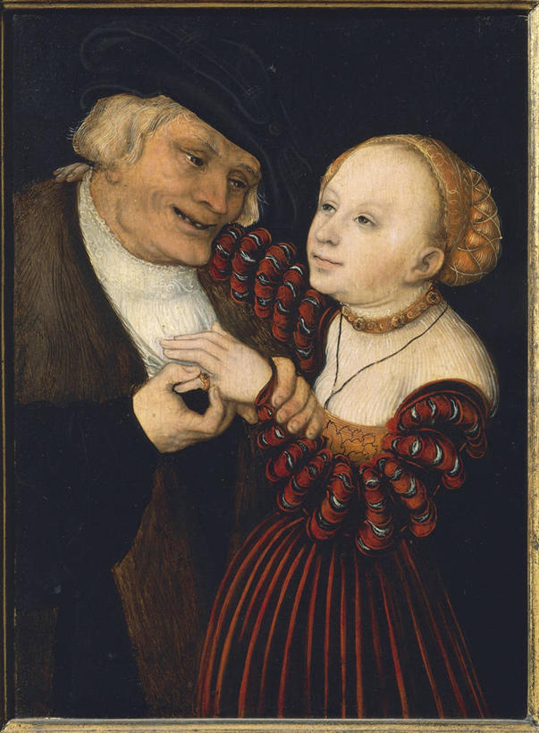 成年人,老年人,两个人,竖图,绘画,性感,帽子,艺术,古典,文艺复兴,文化,工艺品,打开,品味,诱惑,美术,高雅,开启,反差,丑陋,美学,尤物,美术工艺,老年男性,男人,男性,年轻女性,年轻人,手牵手,拥抱,半身,彩图,代沟